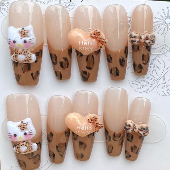 New Handmade Hello Kitty 3D Nail Art Set w/Brown & White Accents Small - Picture 2 of 3